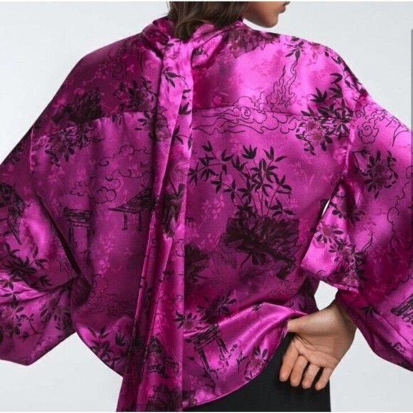 NWT ZARA FUCHSIA JACOUARD SATIN PRINTED JAPANESE BLOUSE Sz SMALL - Picture 2 of 7